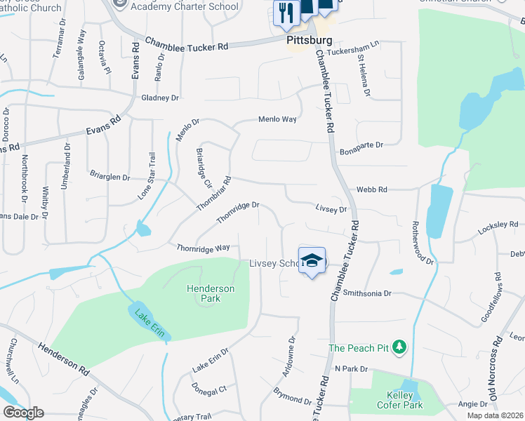 map of restaurants, bars, coffee shops, grocery stores, and more near 2959 Thornridge Drive in Atlanta