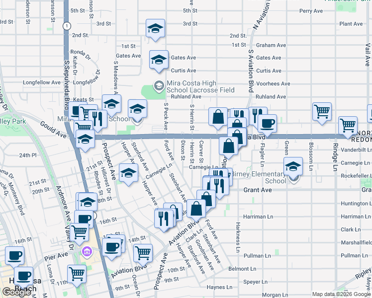 map of restaurants, bars, coffee shops, grocery stores, and more near 1734 Dixon Street in Redondo Beach
