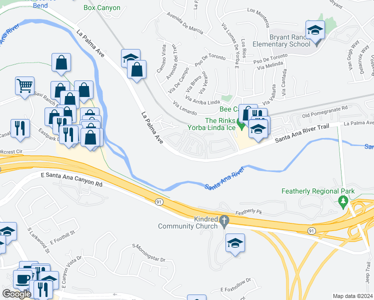 map of restaurants, bars, coffee shops, grocery stores, and more near 23330 Dover Lane in Yorba Linda