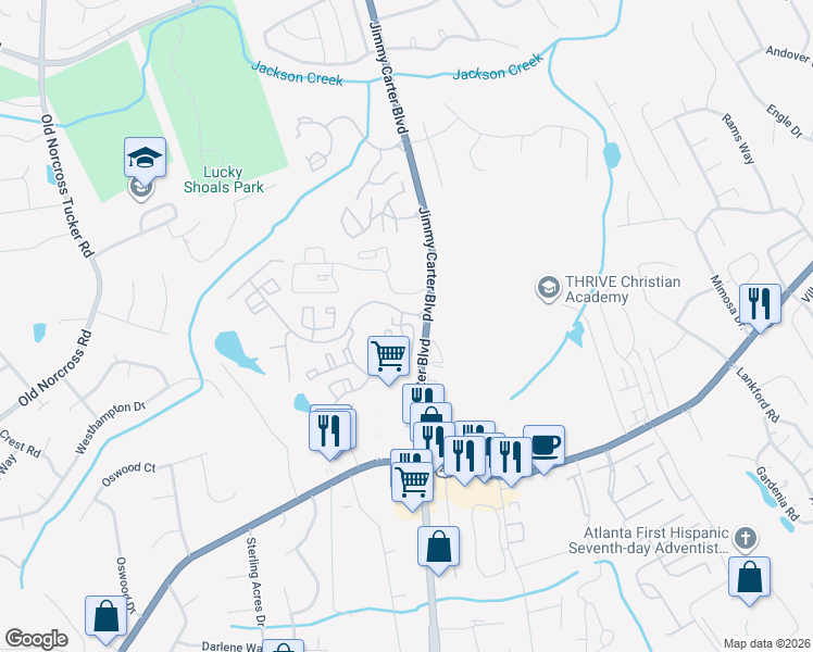 map of restaurants, bars, coffee shops, grocery stores, and more near 378 Pine Hill Place in Norcross
