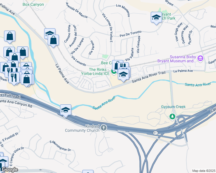 map of restaurants, bars, coffee shops, grocery stores, and more near in Yorba Linda
