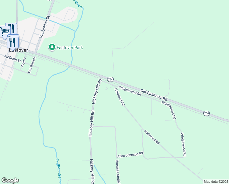 map of restaurants, bars, coffee shops, grocery stores, and more near 116 Hallwood Road in Eastover