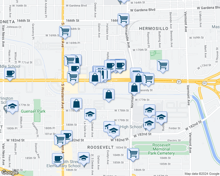 map of restaurants, bars, coffee shops, grocery stores, and more near 1512 West Artesia Square in Gardena