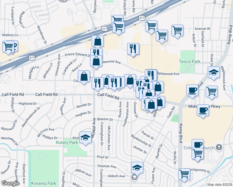 map of restaurants, bars, coffee shops, grocery stores, and more near 3976 Call Field Road in Wichita Falls