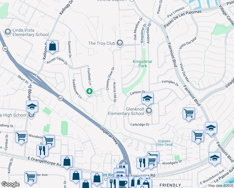 map of restaurants, bars, coffee shops, grocery stores, and more near 6152 Acacia Hill Drive in Yorba Linda