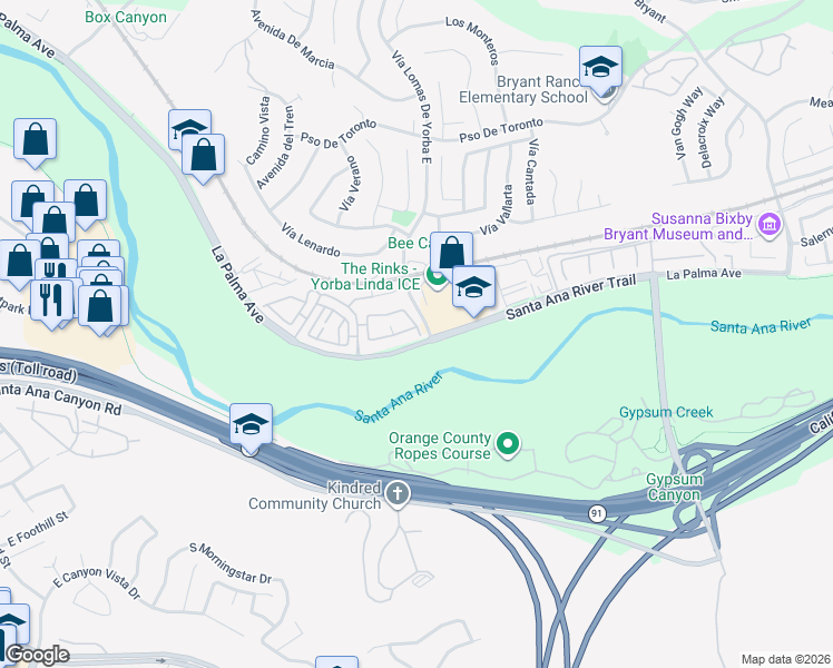 map of restaurants, bars, coffee shops, grocery stores, and more near 23562 Cambridge Road in Yorba Linda