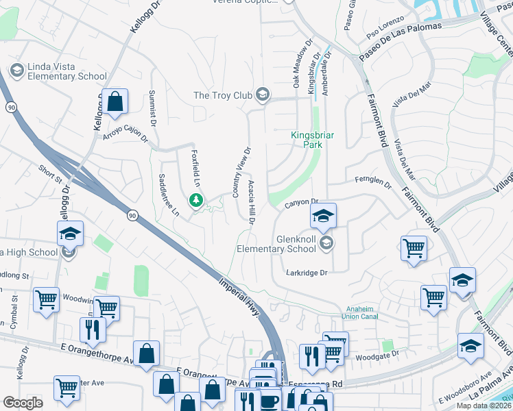 map of restaurants, bars, coffee shops, grocery stores, and more near 6152 Acacia Hill Drive in Yorba Linda