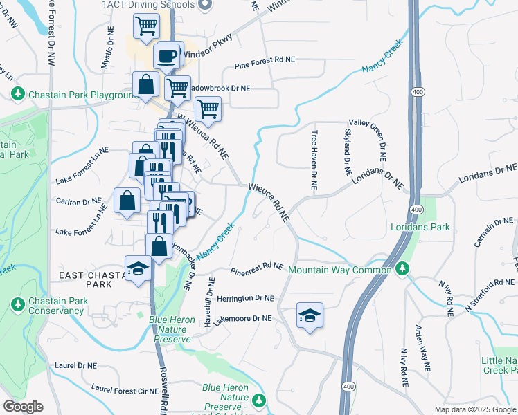 map of restaurants, bars, coffee shops, grocery stores, and more near 4223 Wieuca Overlook NE in Atlanta