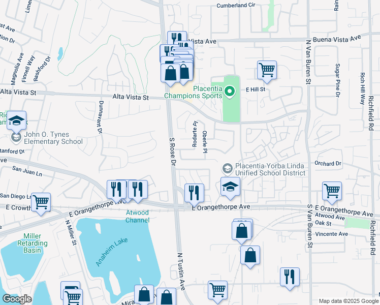 map of restaurants, bars, coffee shops, grocery stores, and more near 1238 Castner Drive in Placentia