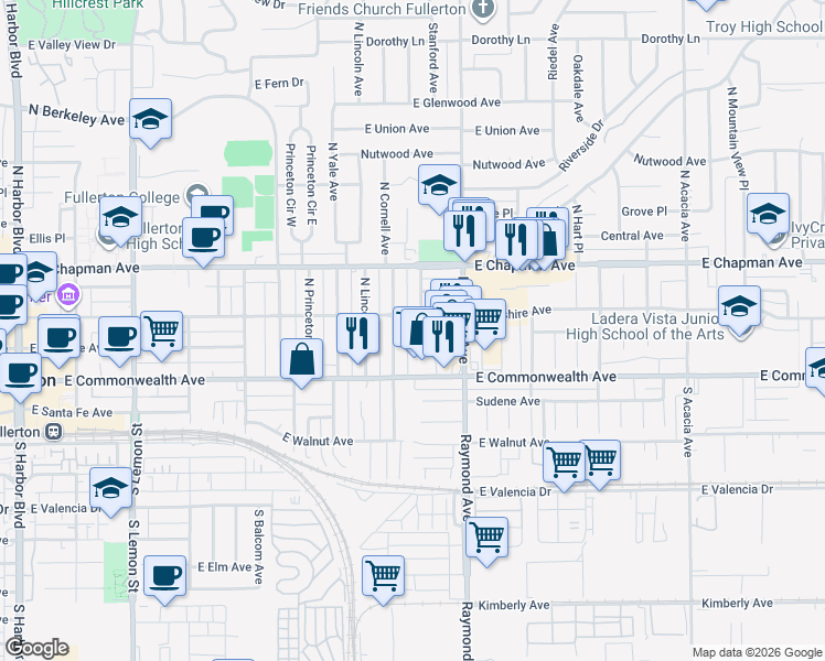map of restaurants, bars, coffee shops, grocery stores, and more near 111 North Stanford Avenue in Fullerton