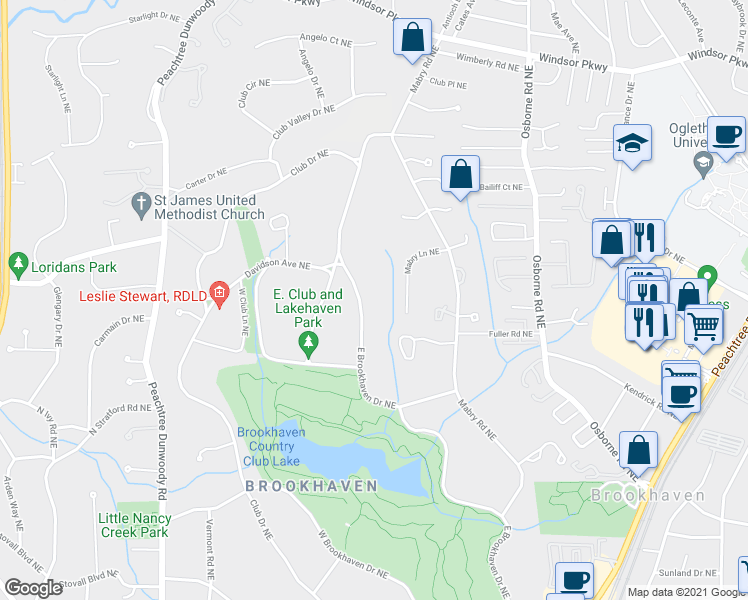map of restaurants, bars, coffee shops, grocery stores, and more near 4297 East Brookhaven Drive Northeast in Atlanta