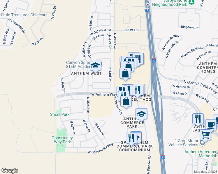 map of restaurants, bars, coffee shops, grocery stores, and more near 4321 West Heyerdahl Drive in Phoenix