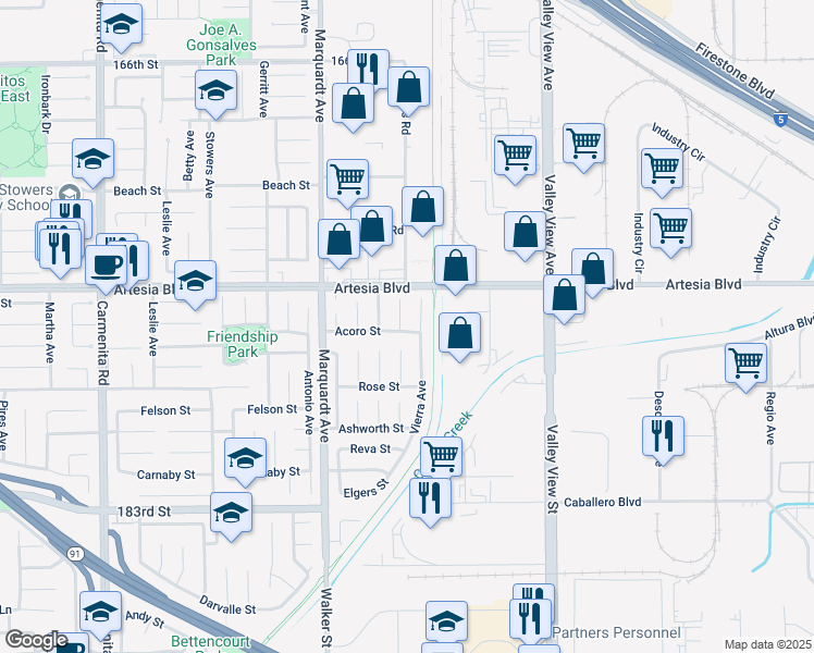 map of restaurants, bars, coffee shops, grocery stores, and more near 13916 Acoro Street in Cerritos
