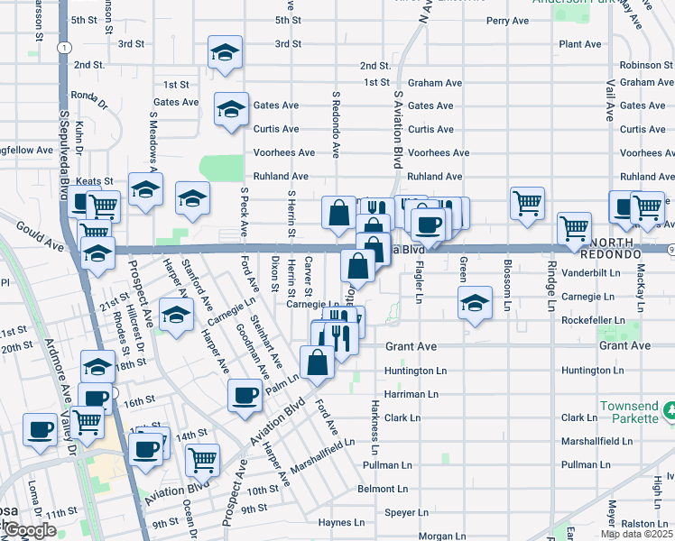 map of restaurants, bars, coffee shops, grocery stores, and more near 1723 Axenty Way in Redondo Beach