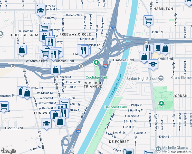 map of restaurants, bars, coffee shops, grocery stores, and more near 352 East Neece Street in Long Beach