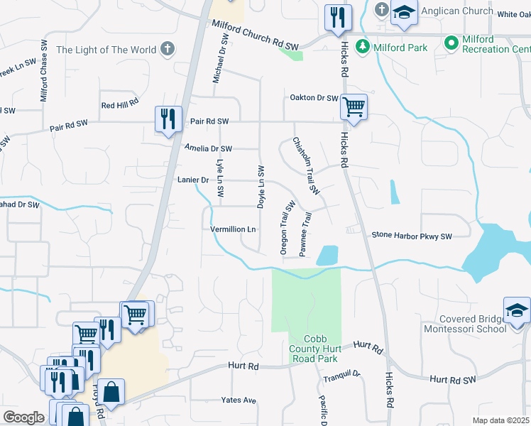 map of restaurants, bars, coffee shops, grocery stores, and more near 3331 Doyle Lane Southwest in Marietta