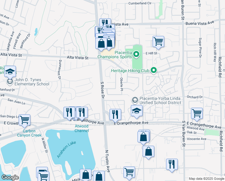 map of restaurants, bars, coffee shops, grocery stores, and more near 1238 Castner Drive in Placentia