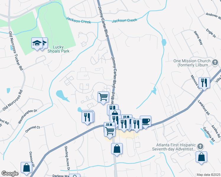 map of restaurants, bars, coffee shops, grocery stores, and more near 398 Pine Hill Place in Norcross