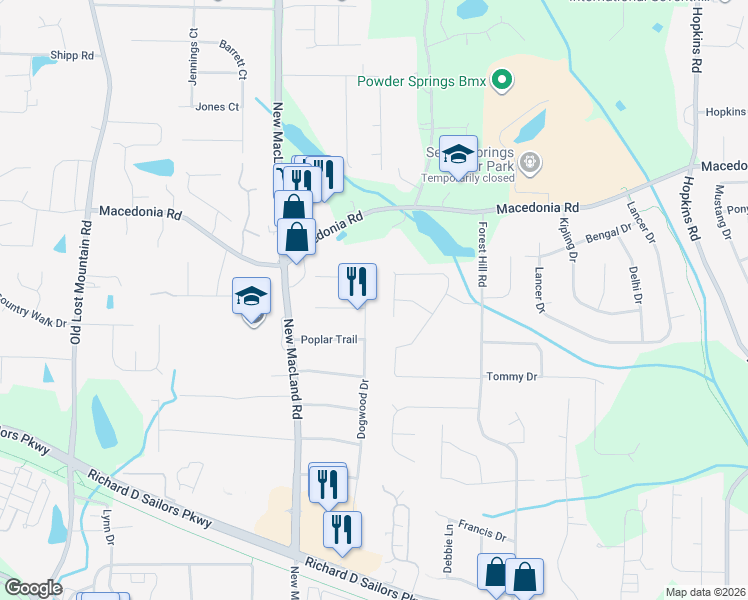 map of restaurants, bars, coffee shops, grocery stores, and more near 3290 Dogwood Drive in Powder Springs