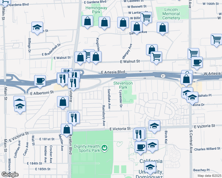 map of restaurants, bars, coffee shops, grocery stores, and more near 17506 Sandlake Avenue in Carson