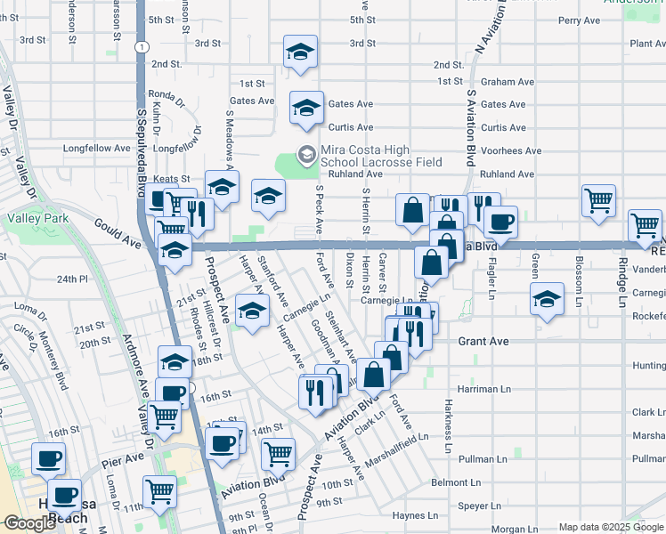 map of restaurants, bars, coffee shops, grocery stores, and more near 1750 Reed Street in Redondo Beach