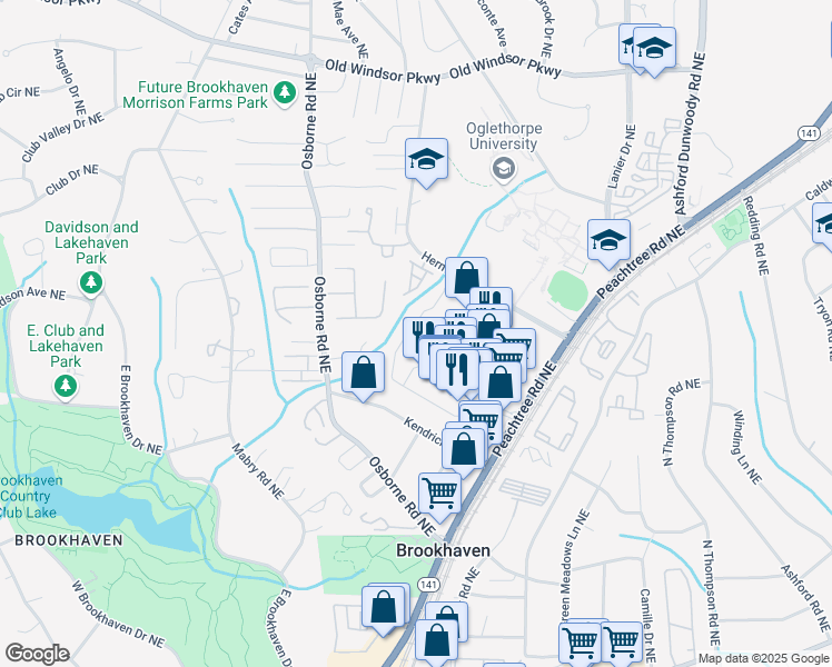 map of restaurants, bars, coffee shops, grocery stores, and more near 1105 Town Boulevard in Brookhaven