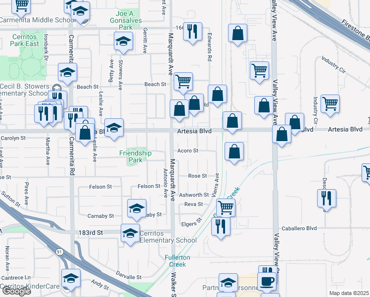 map of restaurants, bars, coffee shops, grocery stores, and more near 13832 Acoro Street in Cerritos