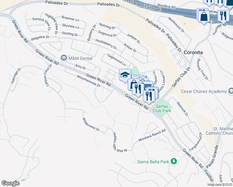 map of restaurants, bars, coffee shops, grocery stores, and more near 1215 Suncrest Drive in Corona