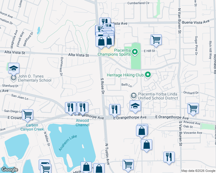 map of restaurants, bars, coffee shops, grocery stores, and more near 1217 Campanis Lane in Placentia