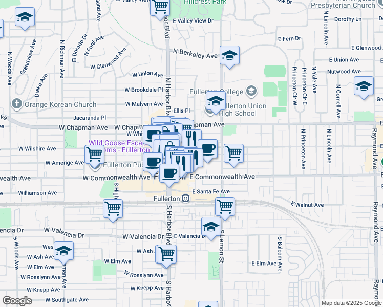 map of restaurants, bars, coffee shops, grocery stores, and more near 147 East Amerige Avenue in Fullerton