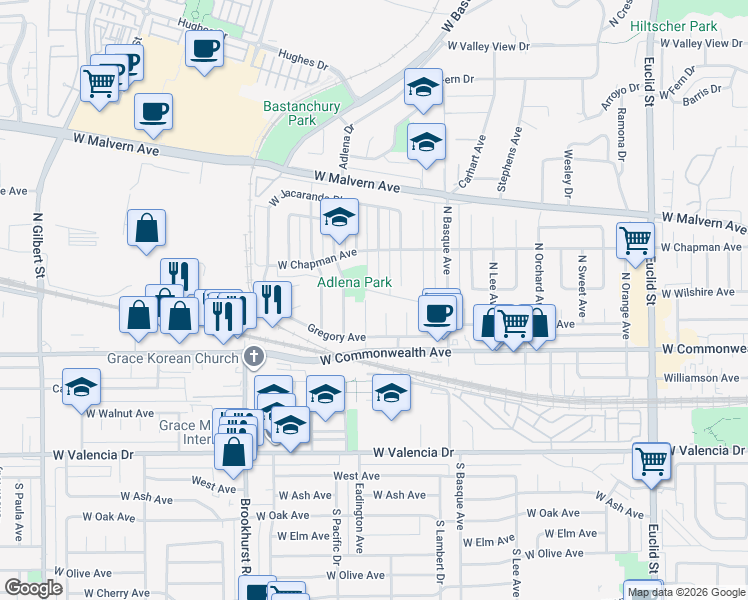 map of restaurants, bars, coffee shops, grocery stores, and more near 220 North Martha Place in Fullerton