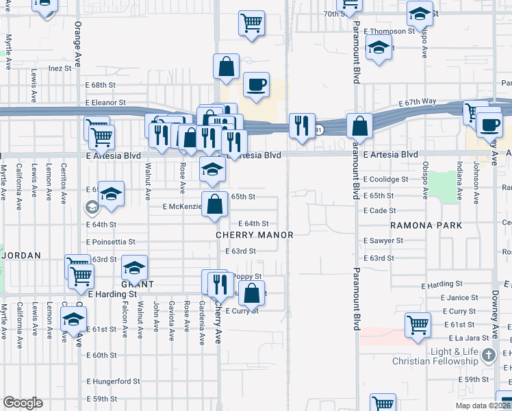 map of restaurants, bars, coffee shops, grocery stores, and more near 2142 East McKenzie Street in Long Beach