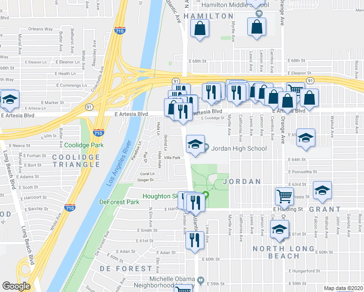 map of restaurants, bars, coffee shops, grocery stores, and more near 6477 Atlantic Avenue in Long Beach