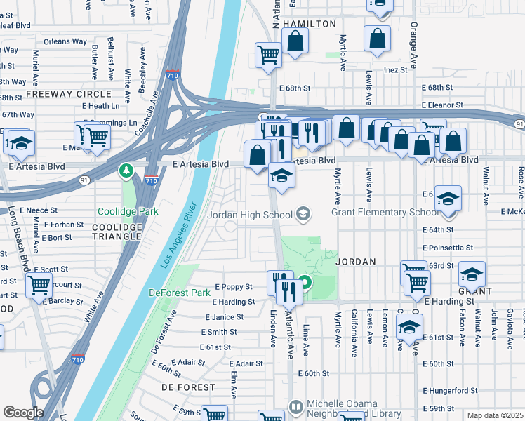 map of restaurants, bars, coffee shops, grocery stores, and more near 6477 Atlantic Avenue in Long Beach