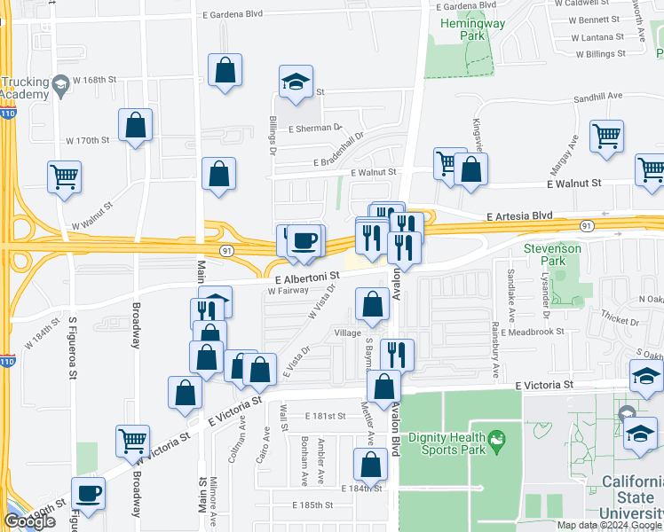 map of restaurants, bars, coffee shops, grocery stores, and more near 401 East Albertoni Street in Carson