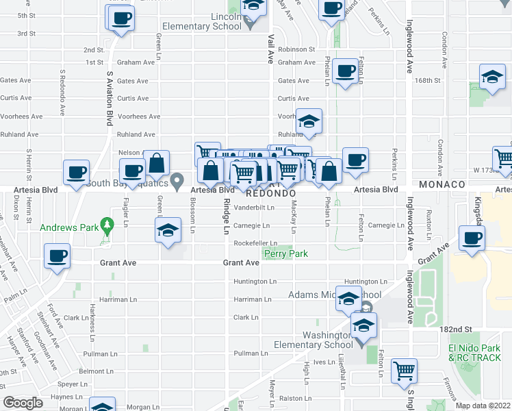 map of restaurants, bars, coffee shops, grocery stores, and more near 2213 Carnegie Lane in Redondo Beach
