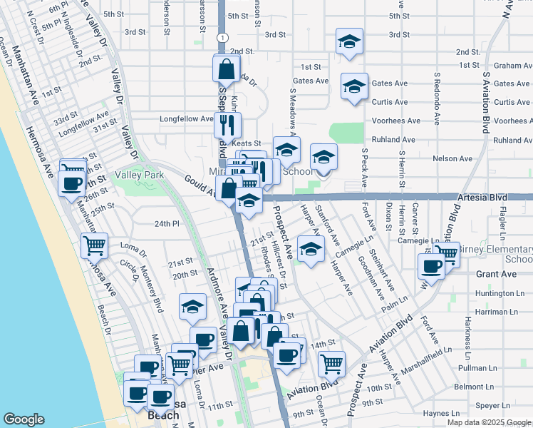 map of restaurants, bars, coffee shops, grocery stores, and more near 917 24th Street in Hermosa Beach
