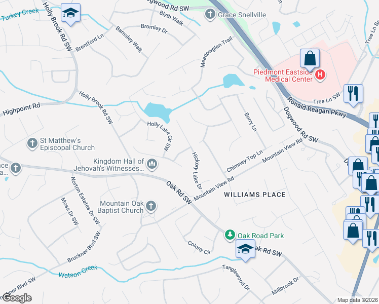 map of restaurants, bars, coffee shops, grocery stores, and more near 1681 Hickory Lake Drive in Snellville