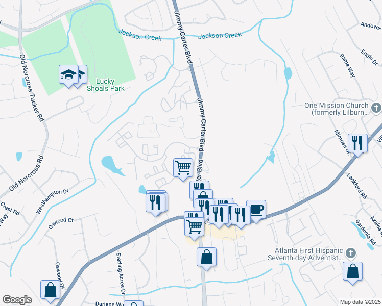 map of restaurants, bars, coffee shops, grocery stores, and more near 378 Pine Hill Place in Norcross