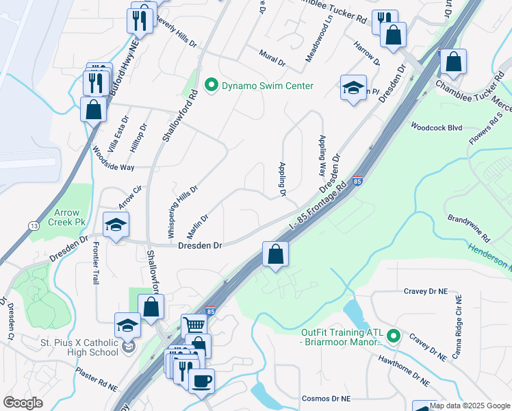 map of restaurants, bars, coffee shops, grocery stores, and more near 2866 Dresden Square Drive in Atlanta