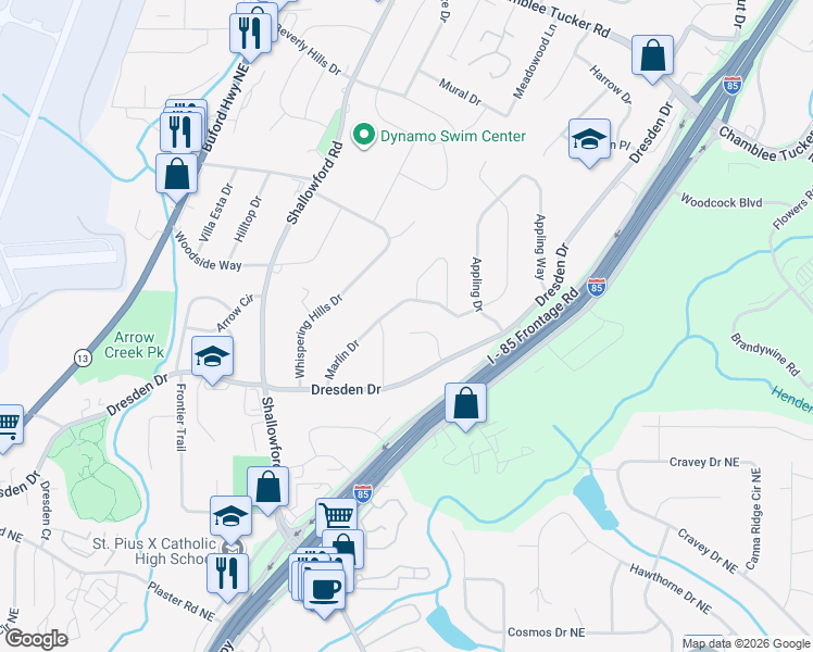 map of restaurants, bars, coffee shops, grocery stores, and more near 2865 Marlin Way in Atlanta