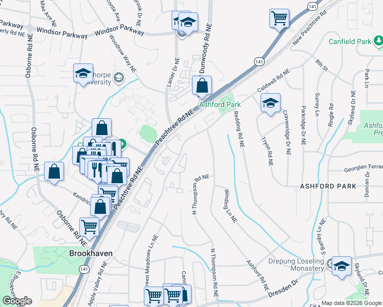 map of restaurants, bars, coffee shops, grocery stores, and more near 2941 Caldwell Road Northeast in Brookhaven