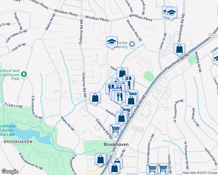 map of restaurants, bars, coffee shops, grocery stores, and more near 1105 Town Boulevard in Brookhaven