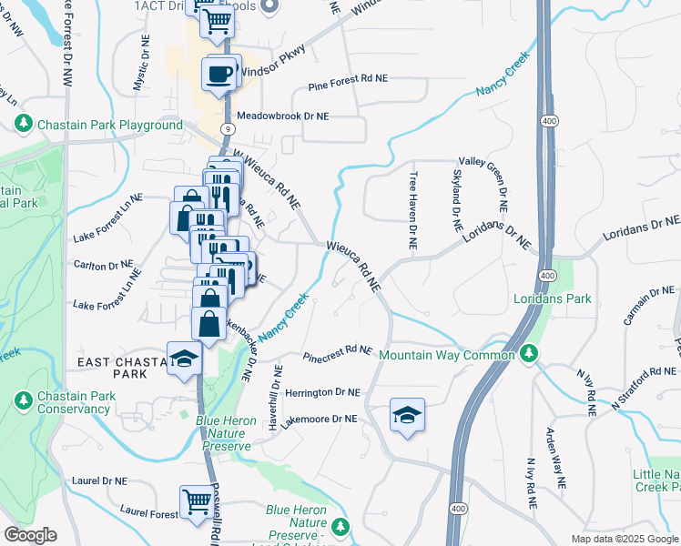 map of restaurants, bars, coffee shops, grocery stores, and more near 4223 Wieuca Overlook Northeast in Atlanta