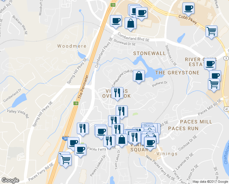 map of restaurants, bars, coffee shops, grocery stores, and more near 2794 Loftview Square in Atlanta