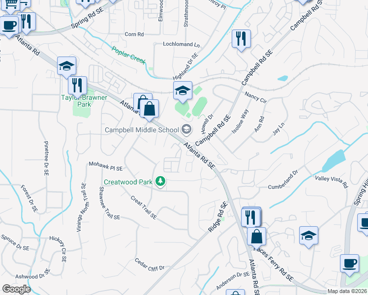 map of restaurants, bars, coffee shops, grocery stores, and more near 3313 Vintage Circle Southeast in Smyrna