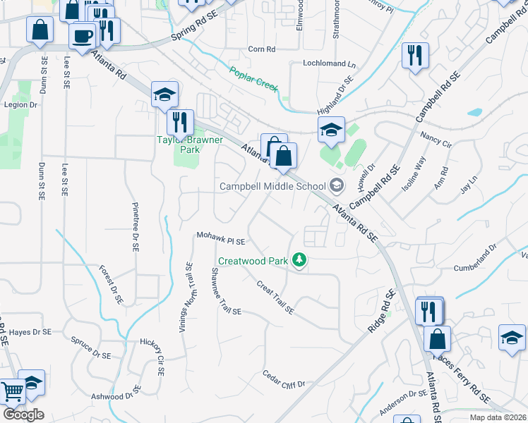 map of restaurants, bars, coffee shops, grocery stores, and more near 1761 Mackinaw Place Southeast in Smyrna