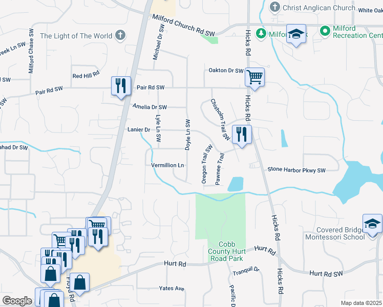 map of restaurants, bars, coffee shops, grocery stores, and more near 3331 Doyle Lane Southwest in Marietta