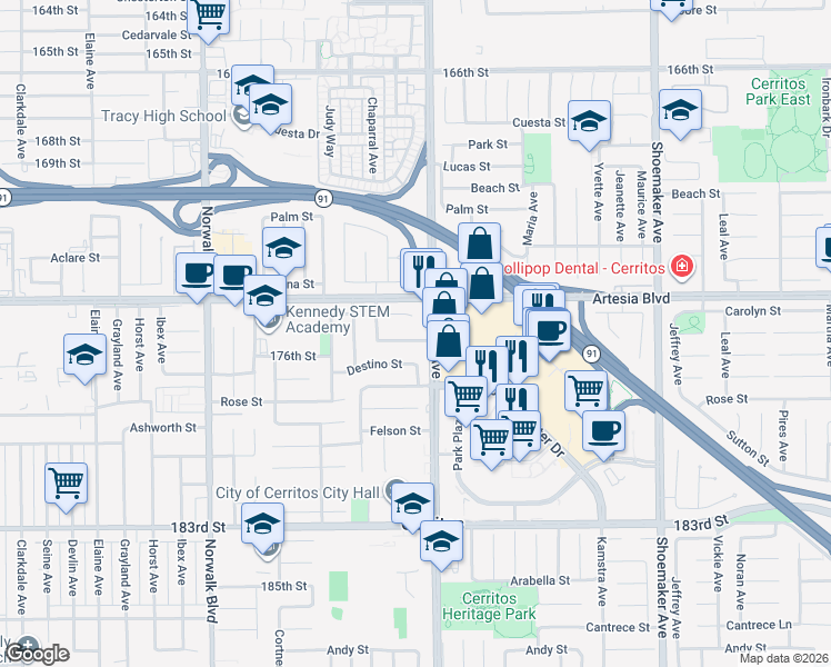 map of restaurants, bars, coffee shops, grocery stores, and more near 12547 Yosemite Street in Cerritos