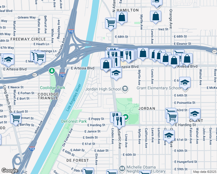 map of restaurants, bars, coffee shops, grocery stores, and more near 6479 Atlantic Avenue in Long Beach